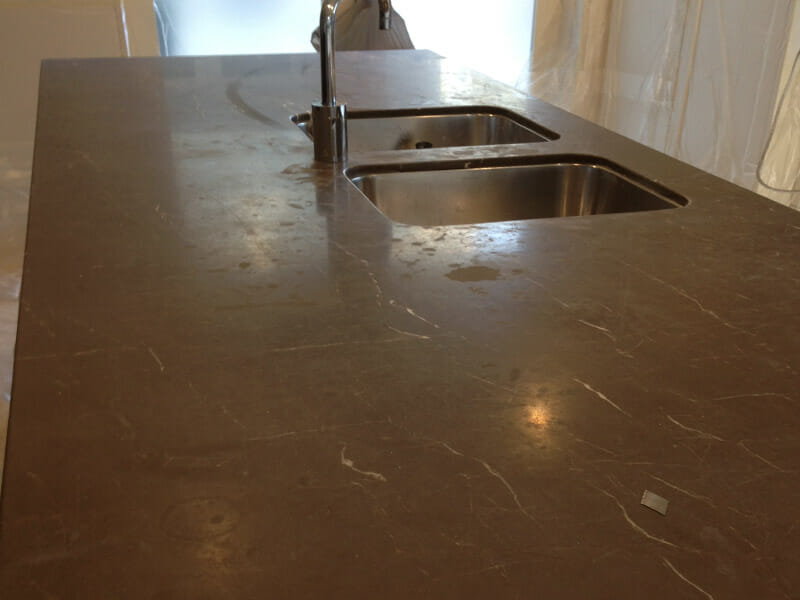 Grey marble benchtop etch honing BEFORE