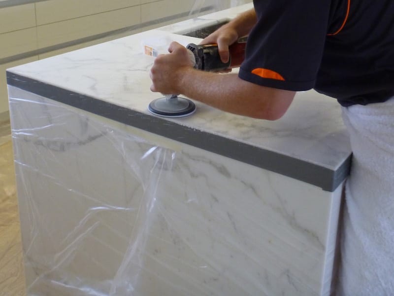 Carrara marble benchtop etching before polishing