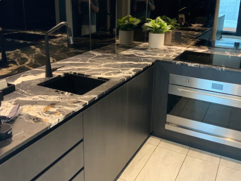 Black and cream marble before honing and Satin Tuffskin